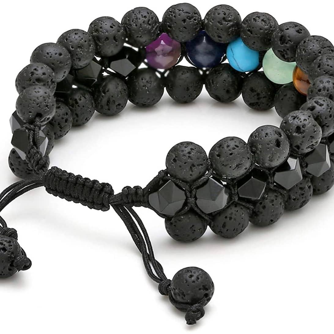 Lava 7 chakra bracelet with black obsidian faceted beads  Dr Vedant Sharmaa