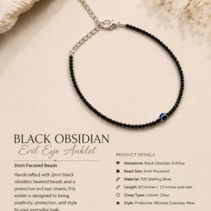 2mm Black Obsidian with Evil Eye Anklet